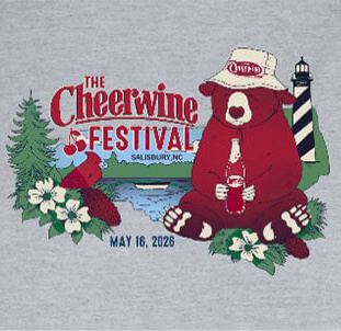 Festival tee option with cardinal and red bear with a Cheerwine sitting by the water