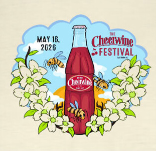 Cheerwine glass bottle in front a rising sun with flowers and bees