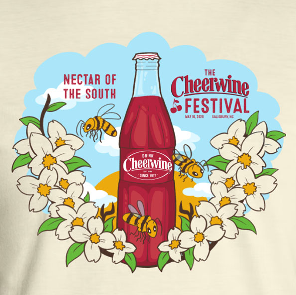 Cheerwine glass bottle in front a rising sun with flowers and bees